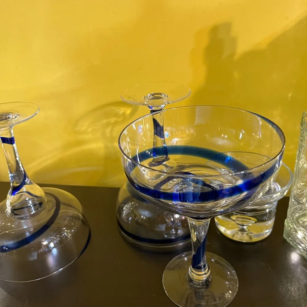 Set of 2 Pier 1 cobalt blue swirl mouthblown margarita glasses